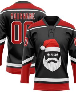 Custom Black Red-White Christmas Santa Claus 3D Hockey Lace Neck Jersey