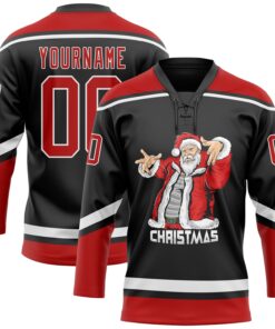 Custom Black Red-White Christmas Santa Claus 3D Hockey Lace Neck Jersey