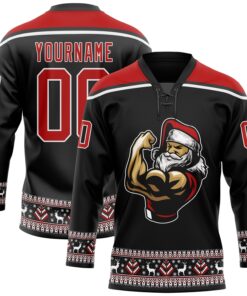 Custom Black Red-White Christmas Santa Claus 3D Hockey Lace Neck Jersey