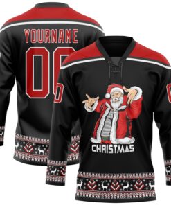 Custom Black Red-White Christmas Santa Claus 3D Hockey Lace Neck Jersey