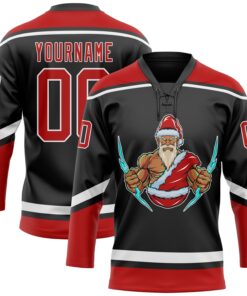 Custom Black Red-White Christmas Santa Claus 3D Hockey Lace Neck Jersey