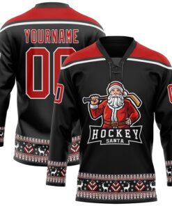 Custom Black Red-White Christmas Santa Claus 3D Hockey Lace Neck Jersey