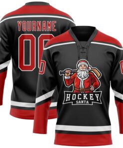 Custom Black Red-White Christmas Santa Claus 3D Hockey Lace Neck Jersey