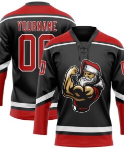 Custom Black Red-White Christmas Santa Claus 3D Hockey Lace Neck Jersey