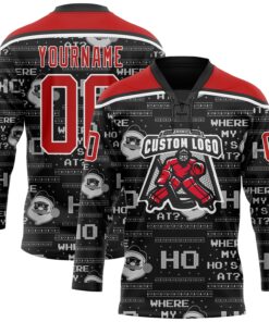 Custom Black Red-White Christmas Santa Claus 3D Hockey Lace Neck Jersey