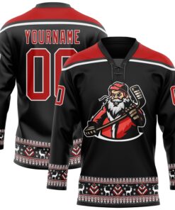 Custom Black Red-White Christmas Santa Claus 3D Hockey Lace Neck Jersey