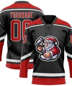 Custom Black Red-White Christmas Santa Claus 3D Hockey Lace Neck Jersey