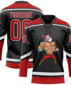Custom Black Red-White Christmas Santa Claus 3D Hockey Lace Neck Jersey