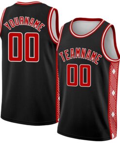 Custom Black Red-White Side Panel Abstract Lines Authentic City Edition Basketball Jersey