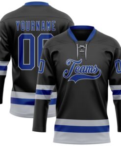 Custom Black Royal-Gray Hockey Lace Neck Jersey