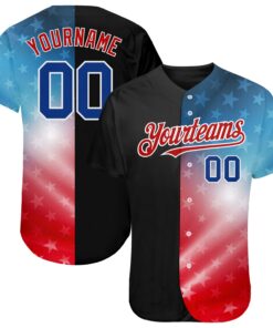 Custom Black Royal-Red 3D American Flag Fashion Authentic Baseball Jersey