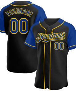 Custom Black Royal-Yellow Authentic Raglan Sleeves Baseball Jersey
