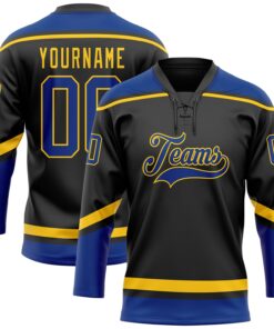 Custom Black Royal-Yellow Hockey Lace Neck Jersey