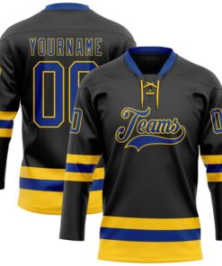 Custom Black Royal-Yellow Hockey Lace Neck Jersey