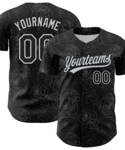 Custom Black Silver 3D Pattern Design Gothic Style Rose Authentic Baseball Jersey