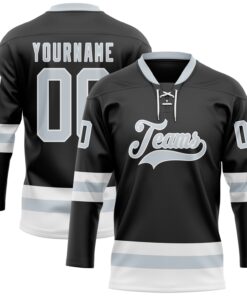 Custom Black Silver-White Hockey Lace Neck Jersey