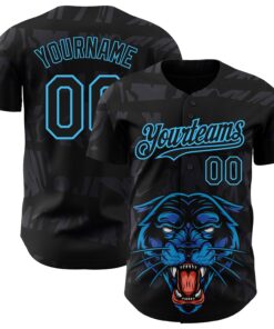 Custom Black Sky Blue 3D Pattern Design Animal Panther Authentic Baseball Jersey