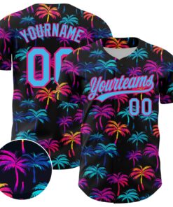 Custom Black Sky Blue-Hot Pink 3D Pattern Design Tropical Hawaii Palm Trees Authentic Baseball Jersey