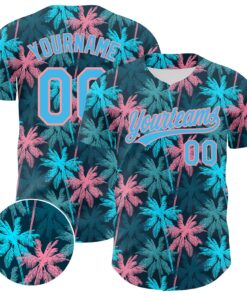 Custom Black Sky Blue-Medium Pink 3D Pattern Design Tropical Hawaii Palm Trees Authentic Baseball Jersey