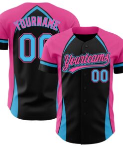 Custom Black Sky Blue-Pink 3D Pattern Design Curve Solid Authentic Baseball Jersey
