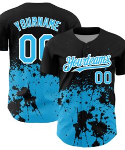 Custom Black Sky Blue-White 3D Pattern Design Abstract Splash Grunge Art Authentic Baseball Jersey