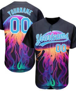 Custom Black Sky Blue-White 3D Pattern Design Neon Jellyfish Authentic Baseball Jersey