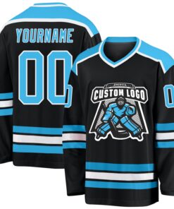 Custom Black Sky Blue-White Hockey Jersey