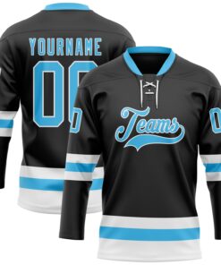Custom Black Sky Blue-White Hockey Lace Neck Jersey
