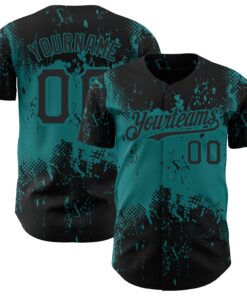Custom Black Teal 3D Pattern Design Abstract Splatter Grunge Art Authentic Baseball Jersey