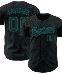 Custom Black Teal 3D Pattern Design Curve Lines Authentic Baseball Jersey