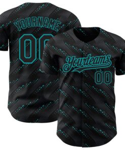 Custom Black Teal 3D Pattern Design Slant Lines Authentic Baseball Jersey