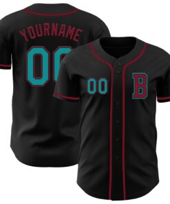 Custom Black Teal-Crimson Authentic Baseball Jersey
