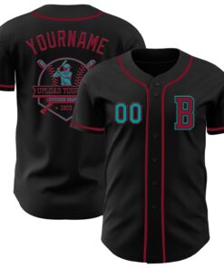 Custom Black Teal-Crimson Authentic Baseball Jersey