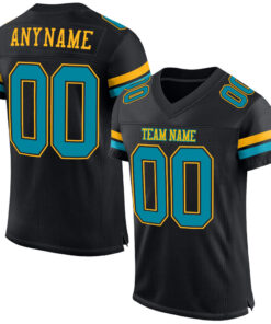 Custom Black Teal-Gold Mesh Authentic Football Jersey