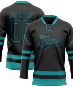 Custom Black Teal Hockey Lace Neck Jersey