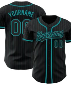 Custom Black Teal Pinstripe Black Authentic Baseball Jersey