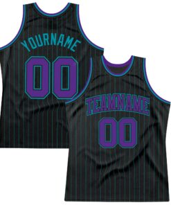 Custom Black Teal Pinstripe Purple-Teal Authentic Basketball Jersey