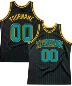 Custom Black Teal Pinstripe Teal-Gold Authentic Basketball Jersey