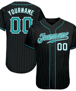 Custom Black Teal Pinstripe Teal-White Authentic Baseball Jersey