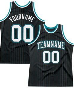 Custom Black Teal Pinstripe White Black-Teal Authentic Basketball Jersey