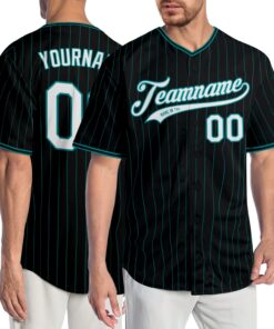 Custom Black Teal Pinstripe White-Teal Authentic Baseball Jersey