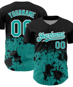 Custom Black Teal-White 3D Pattern Design Abstract Splash Grunge Art Authentic Baseball Jersey