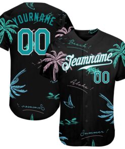 Custom Black Teal-White 3D Pattern Design Hawaii Palm Trees Authentic Baseball Jersey