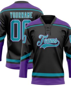 Custom Black Teal-White Hockey Lace Neck Jersey