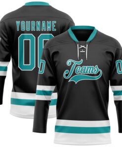 Custom Black Teal-White Hockey Lace Neck Jersey
