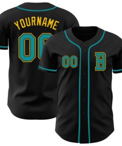 Custom Black Teal-Yellow Authentic Baseball Jersey