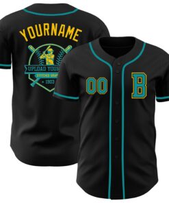 Custom Black Teal-Yellow Authentic Baseball Jersey
