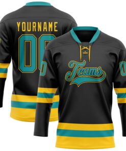 Custom Black Teal-Yellow Hockey Lace Neck Jersey