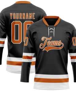 Custom Black Texas Orange-White Hockey Lace Neck Jersey
