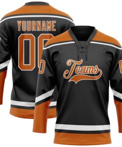 Custom Black Texas Orange-White Hockey Lace Neck Jersey